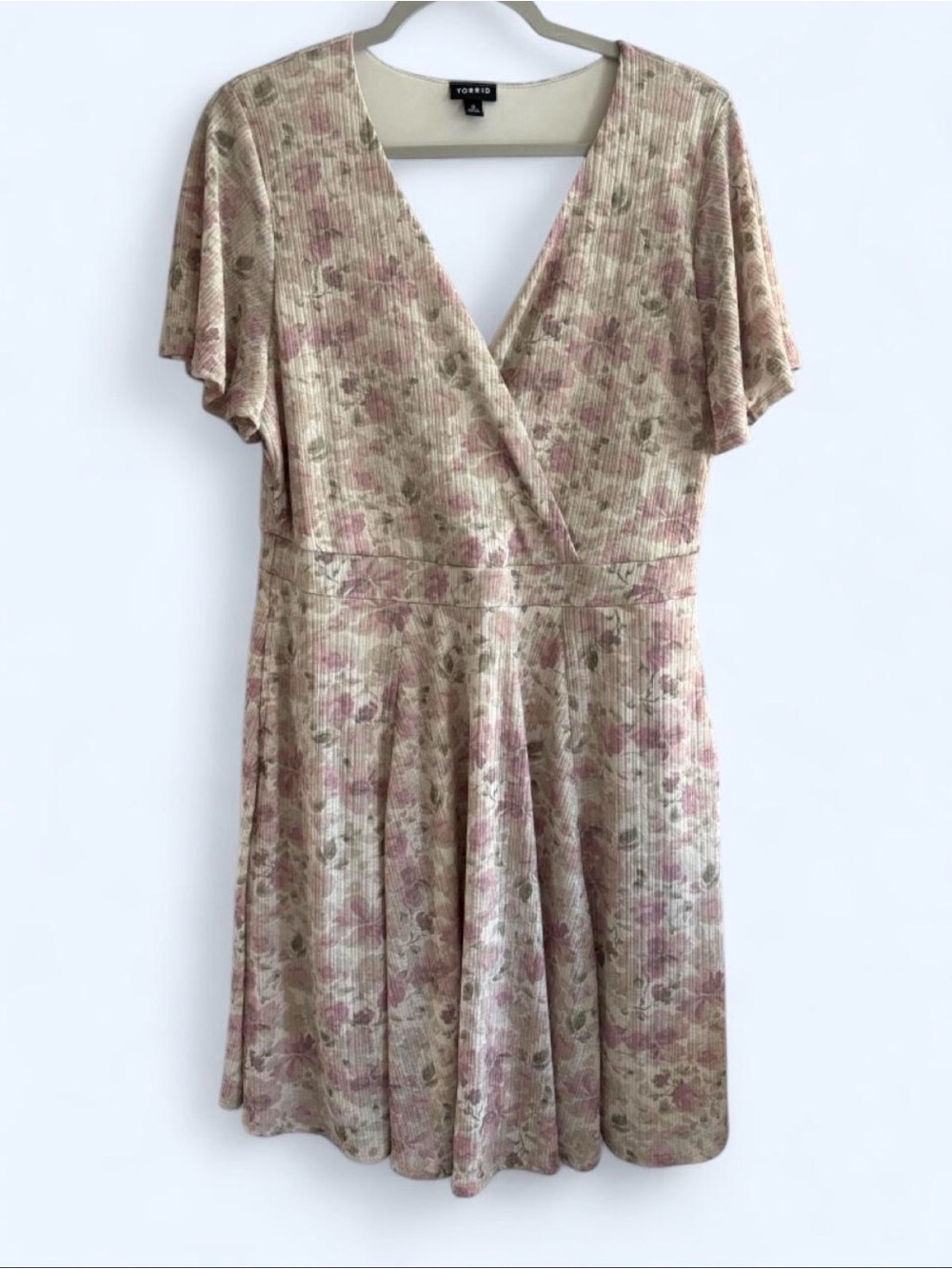 Torrid Cream and Pink Floral v-neck Midi Dress with sleeves